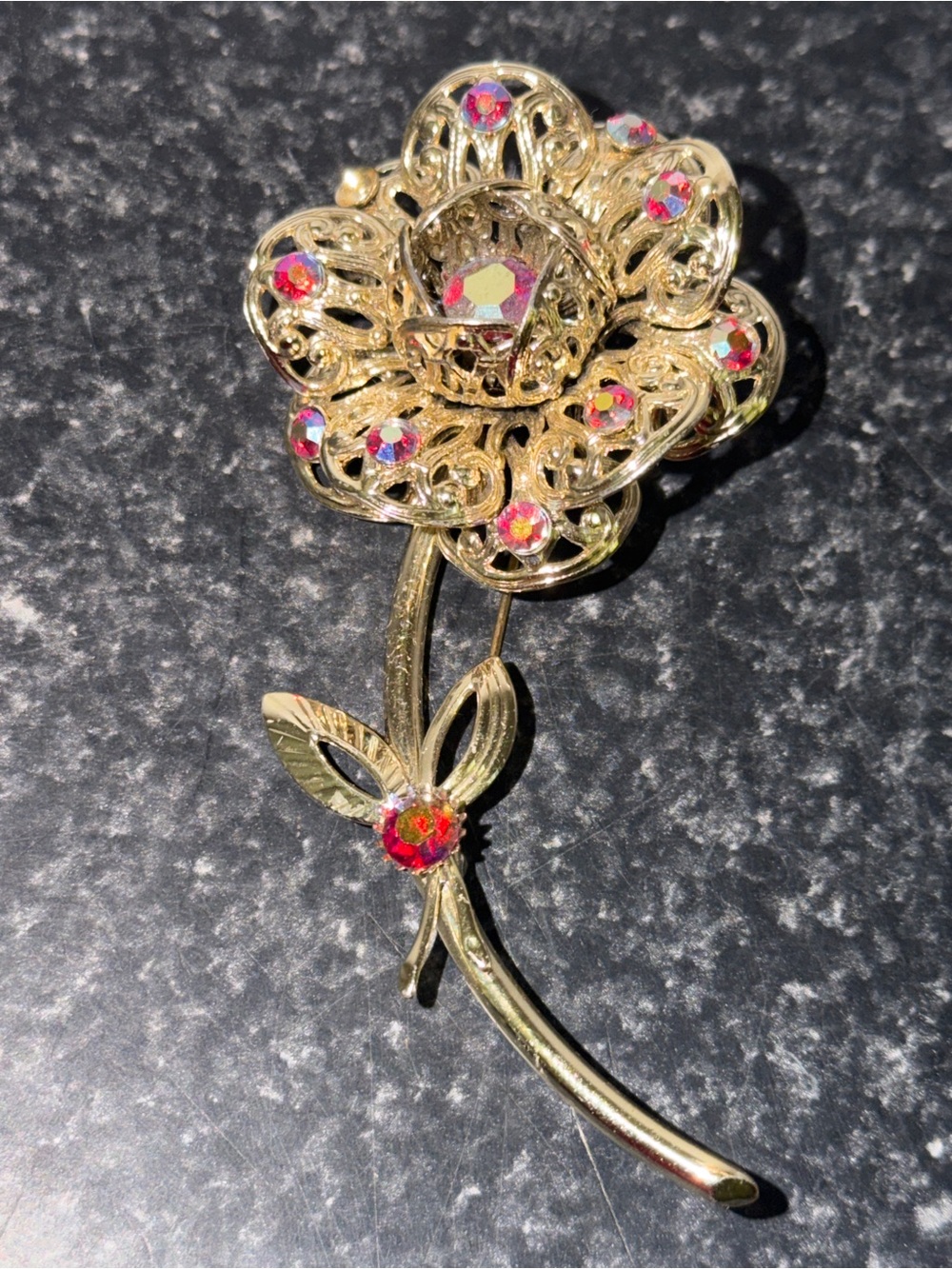 Vtg Sarah Coventry Floral Stem Brooch with Pink Aurora Borealis Rhinestone